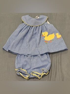 Blue Gingham Baby Dress & Bloomer Set with Yellow Duck Applique